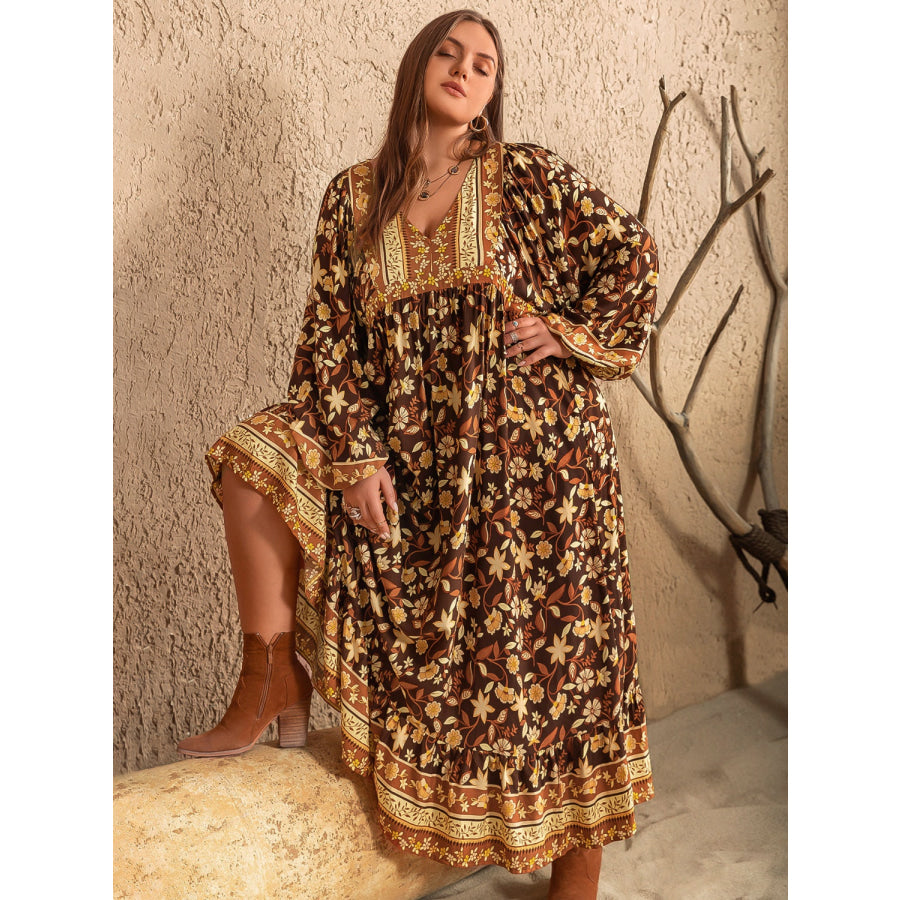 Plus Size Printed V-Neck Balloon Sleeve Dress Apparel and Accessories
