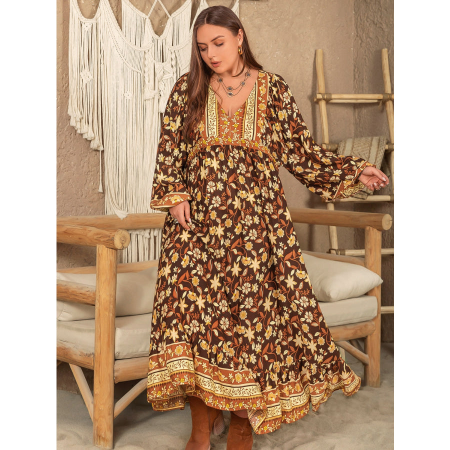 Plus Size Printed V-Neck Balloon Sleeve Dress Apparel and Accessories