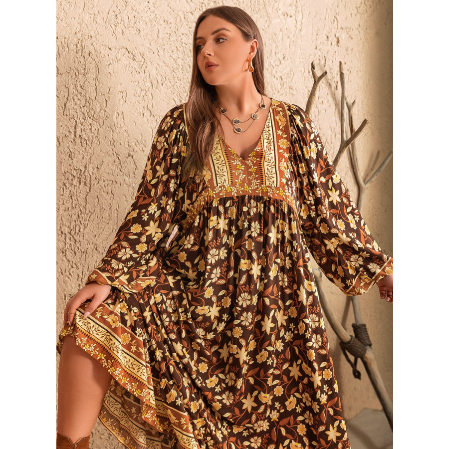 Plus Size Printed V-Neck Balloon Sleeve Dress Apparel and Accessories