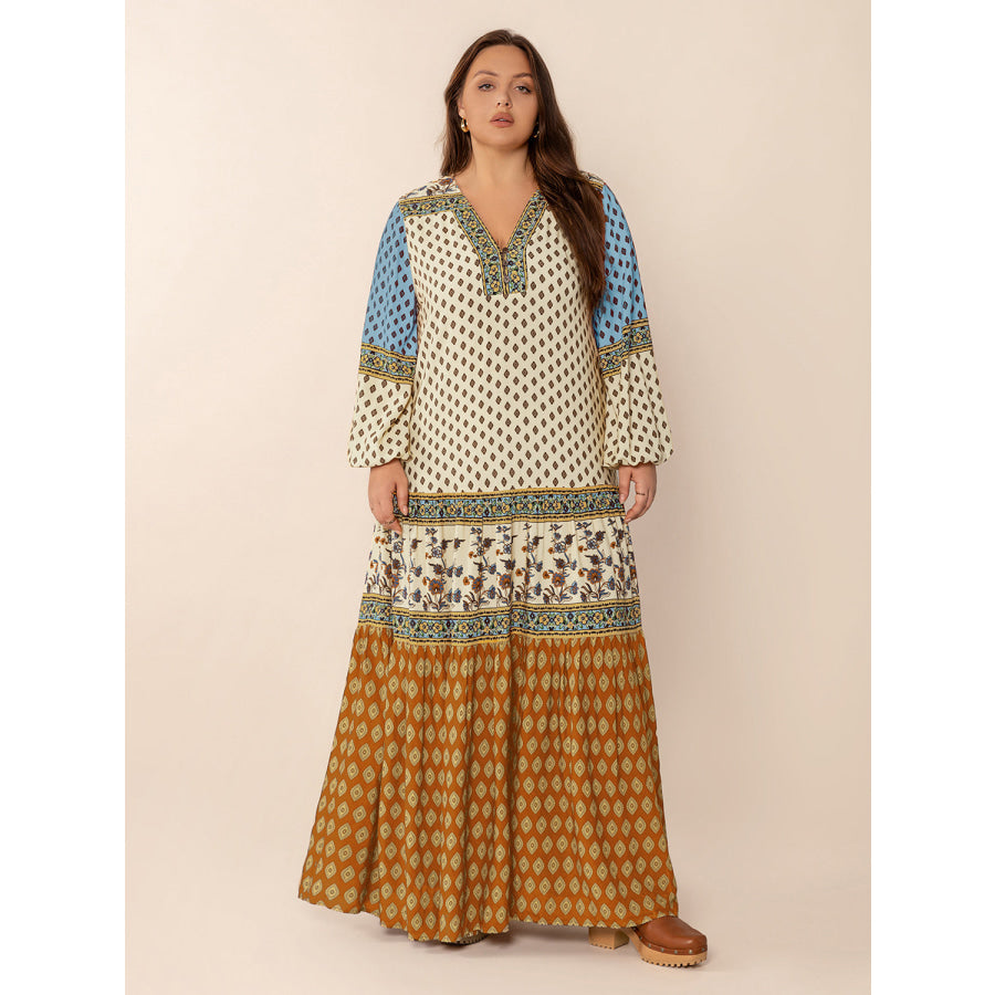 Plus Size Printed V-Neck Balloon Sleeve Maxi Dress Apparel and Accessories