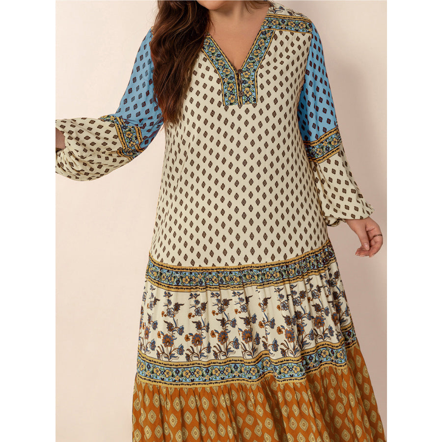 Plus Size Printed V-Neck Balloon Sleeve Maxi Dress Apparel and Accessories