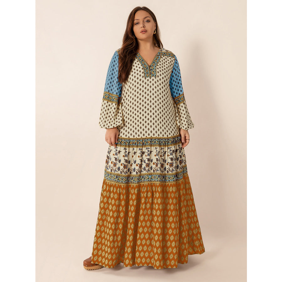 Plus Size Printed V-Neck Balloon Sleeve Maxi Dress Apparel and Accessories