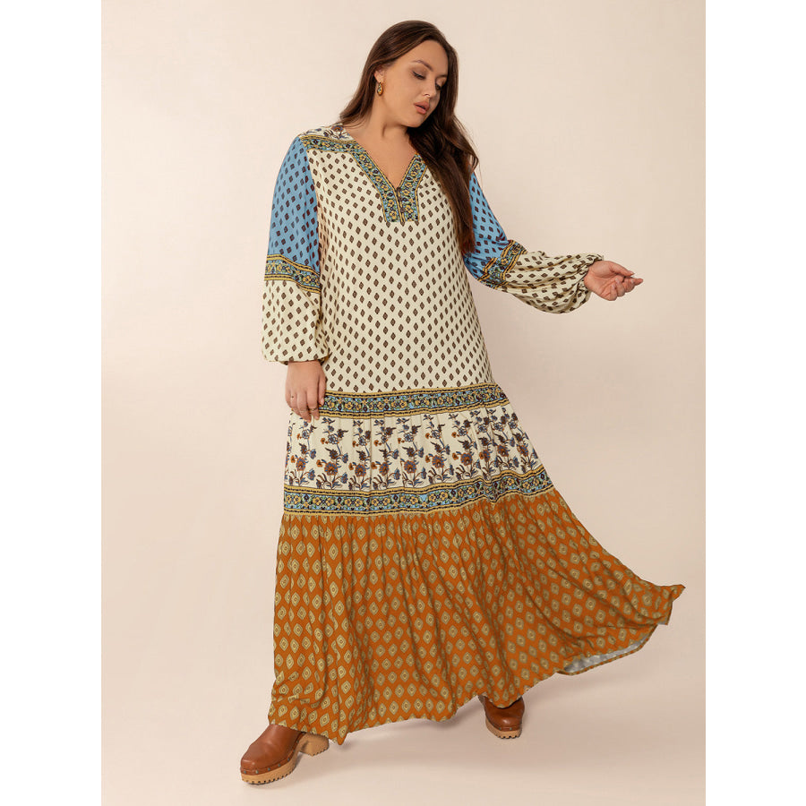 Plus Size Printed V-Neck Balloon Sleeve Maxi Dress Apparel and Accessories