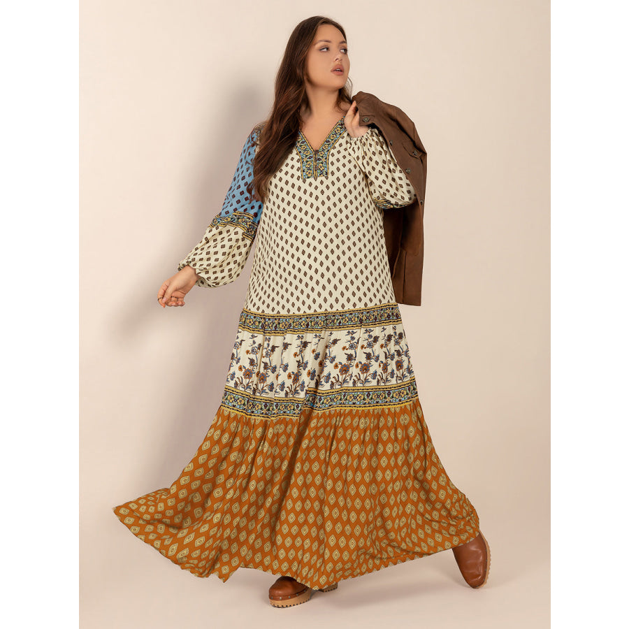 Plus Size Printed V-Neck Balloon Sleeve Maxi Dress Apparel and Accessories