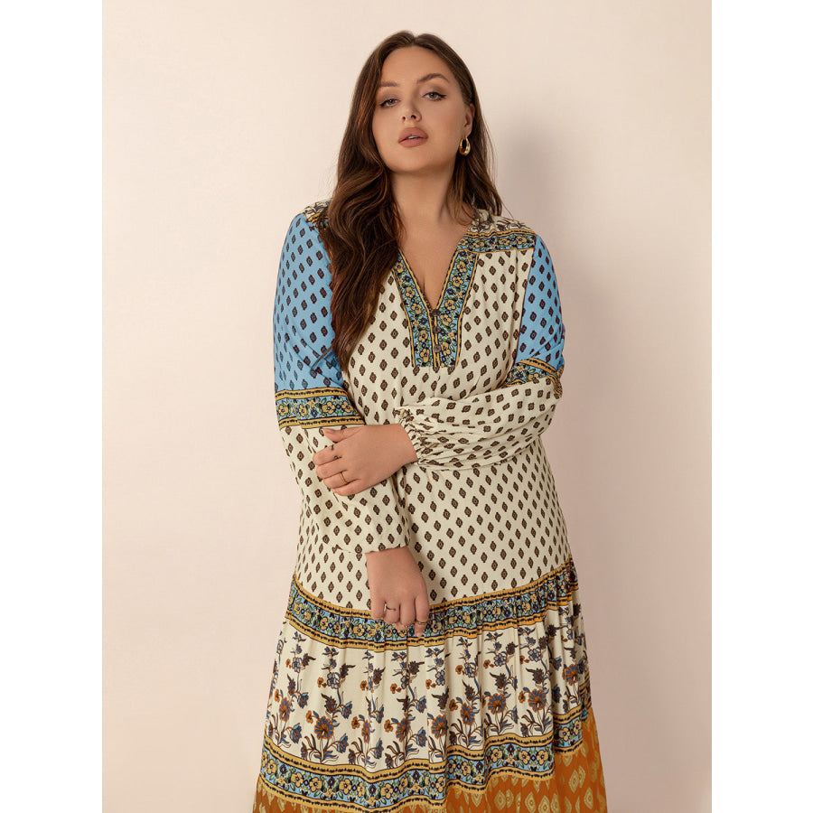 Plus Size Printed V-Neck Balloon Sleeve Maxi Dress Apparel and Accessories