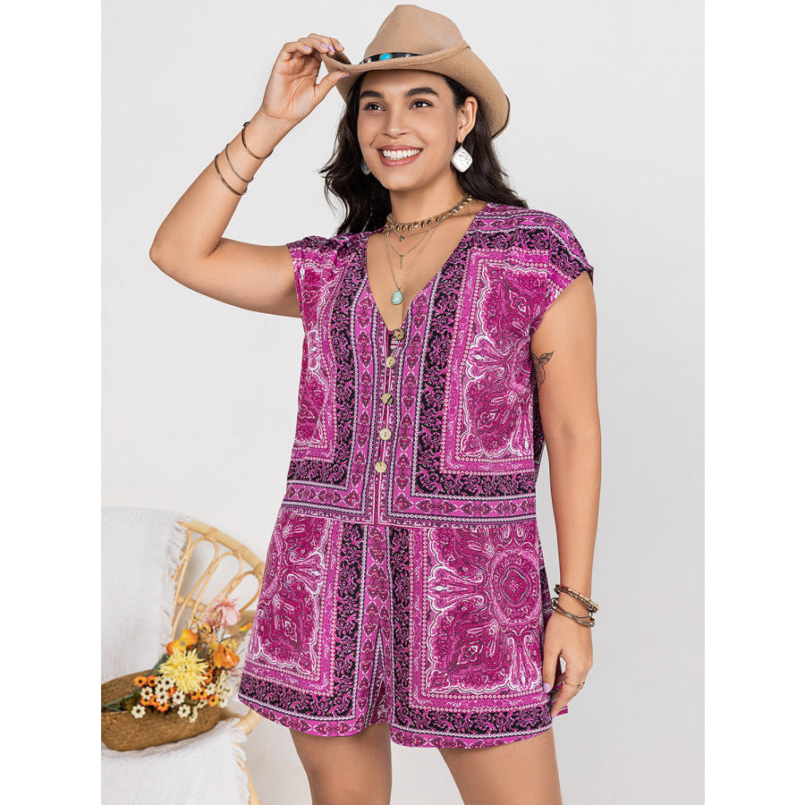 Plus Size Printed V-Neck Cap Sleeve Romper Jumpsuits and Rompers