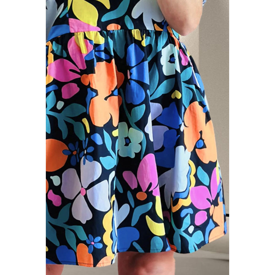Plus Size Printed V - Neck Short Sleeve Mini Dress Apparel and Accessories