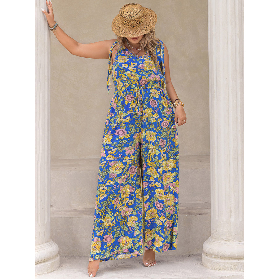 Plus Size Printed V-Neck Wide Leg Jumpsuit Apparel and Accessories