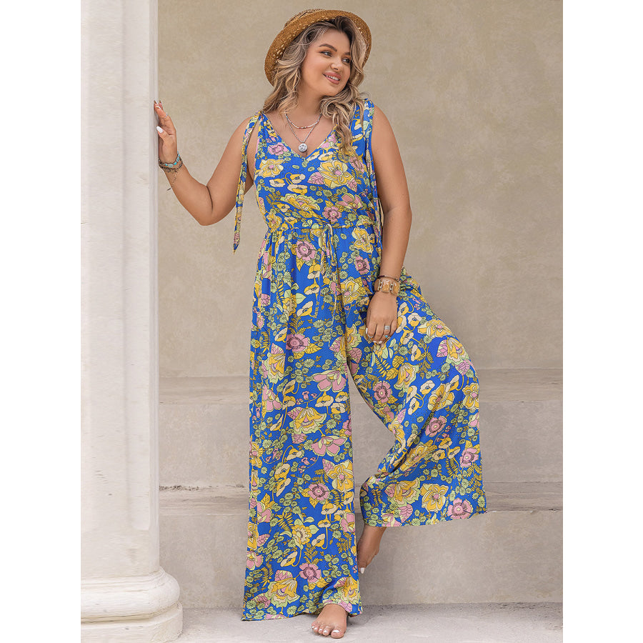Plus Size Printed V-Neck Wide Leg Jumpsuit Apparel and Accessories