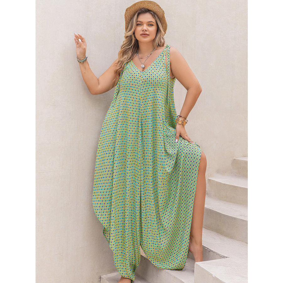 Plus Size Printed V-Neck Wide Leg Jumpsuit Apparel and Accessories