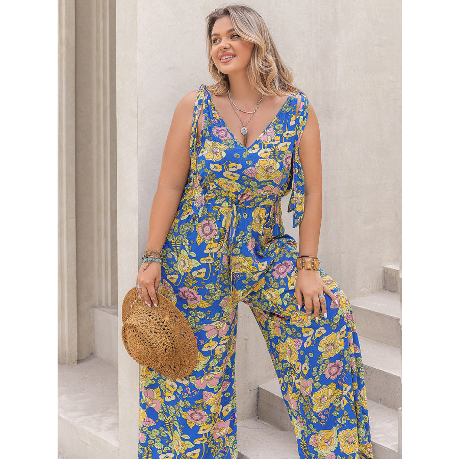 Plus Size Printed V-Neck Wide Leg Jumpsuit Apparel and Accessories
