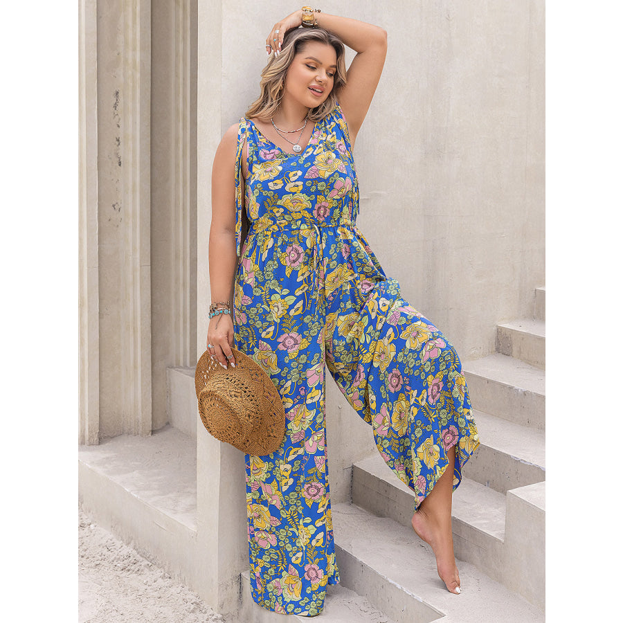 Plus Size Printed V-Neck Wide Leg Jumpsuit Apparel and Accessories