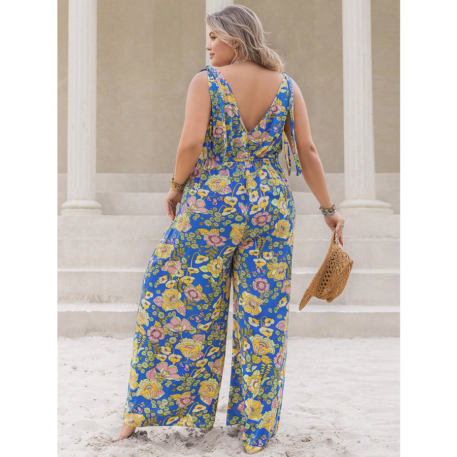 Plus Size Printed V-Neck Wide Leg Jumpsuit Apparel and Accessories