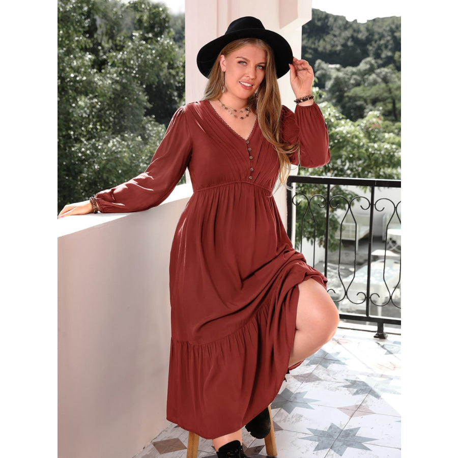 Plus Size Quarter Button V-Neck Long Sleeve Dress Apparel and Accessories