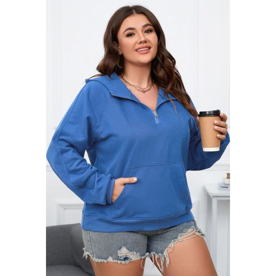 Plus Size Quarter Zip Raglan Sleeve Hoodie Peacock Blue / 1XL Apparel and Accessories