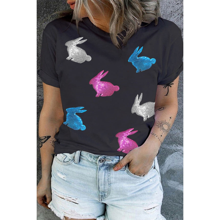 Plus Size Rabbit Round Neck Short Sleeve T-Shirt Black / 1XL Apparel and Accessories