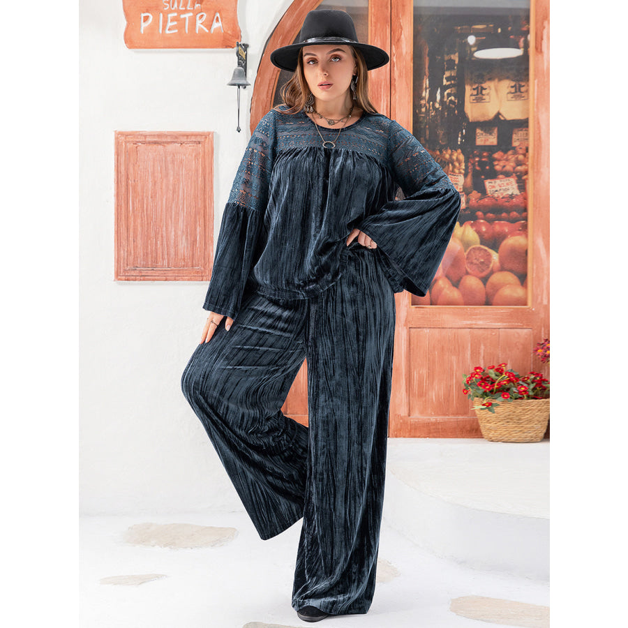 Plus Size Round Neck Flare Sleeve Top and Pants Set Apparel and Accessories