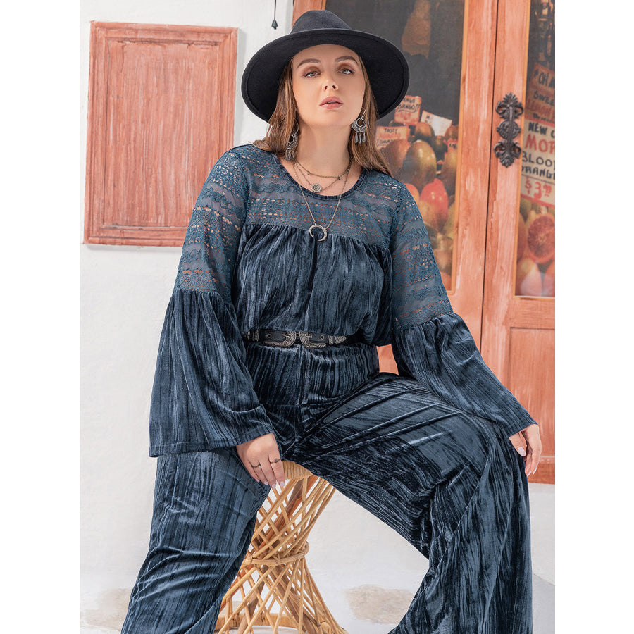 Plus Size Round Neck Flare Sleeve Top and Pants Set Apparel and Accessories