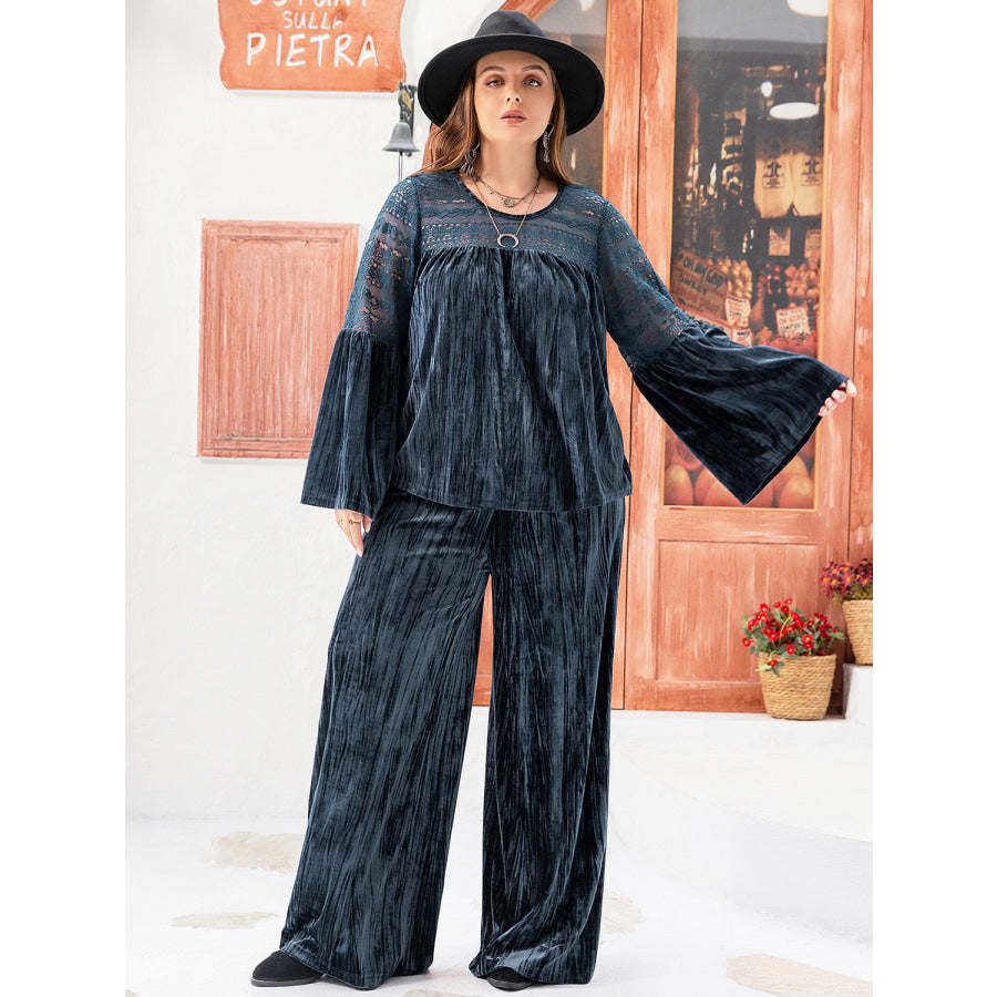 Plus Size Round Neck Flare Sleeve Top and Pants Set Apparel and Accessories