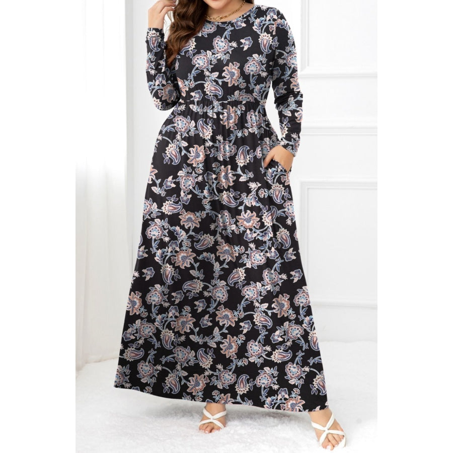 Plus Size Round Neck Long Sleeve Maxi Dress with Pockets Floral / 0X