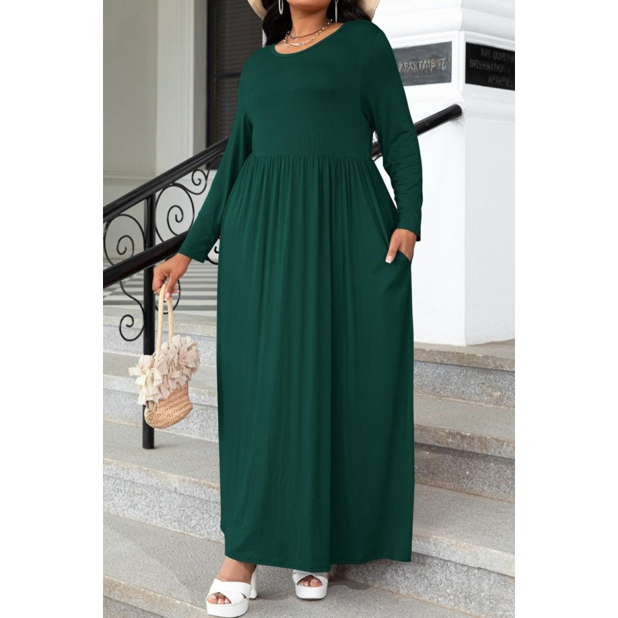 Plus Size Round Neck Long Sleeve Maxi Dress with Pockets Forest / 0X
