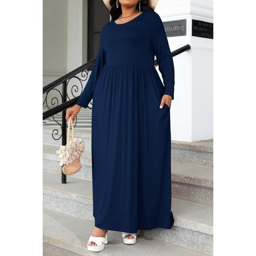 Plus Size Round Neck Long Sleeve Maxi Dress with Pockets Navy / 0X