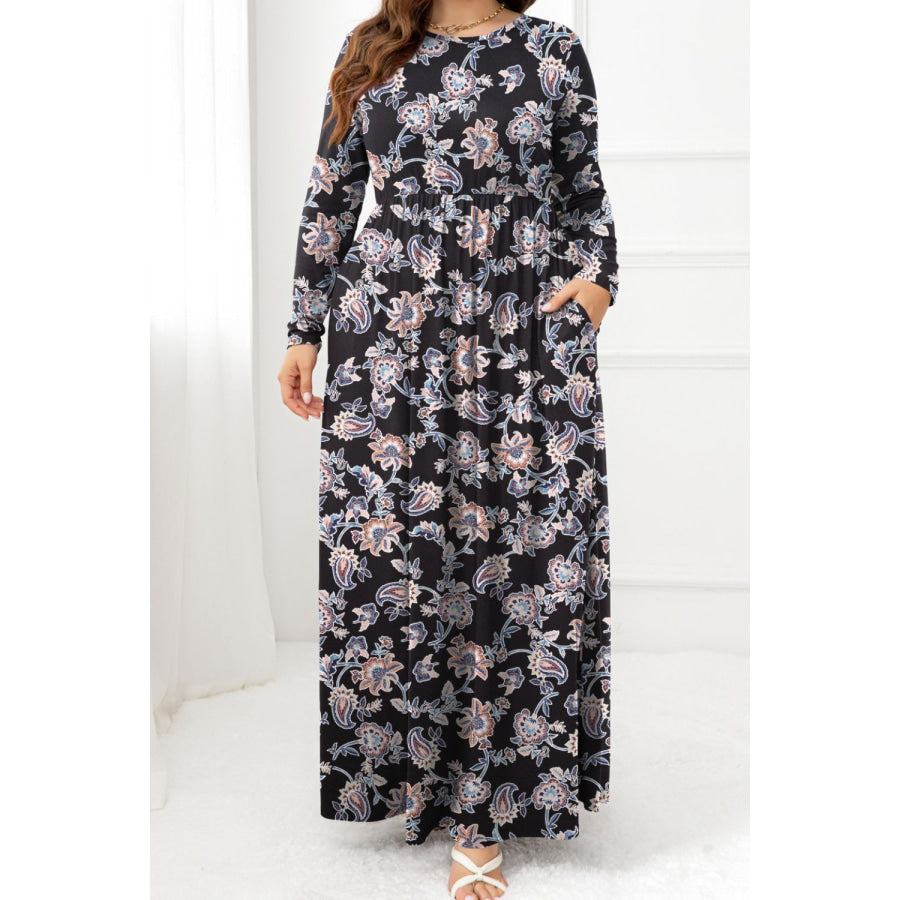 Plus Size Round Neck Long Sleeve Maxi Dress with Pockets