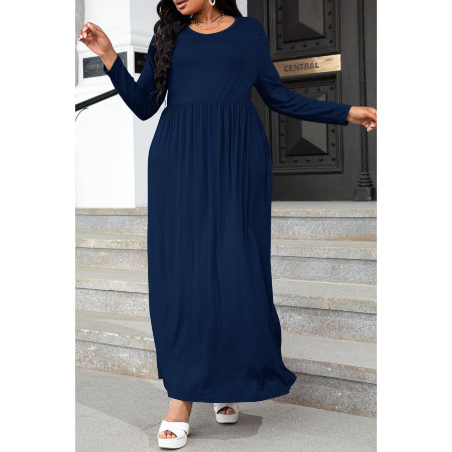 Plus Size Round Neck Long Sleeve Maxi Dress with Pockets