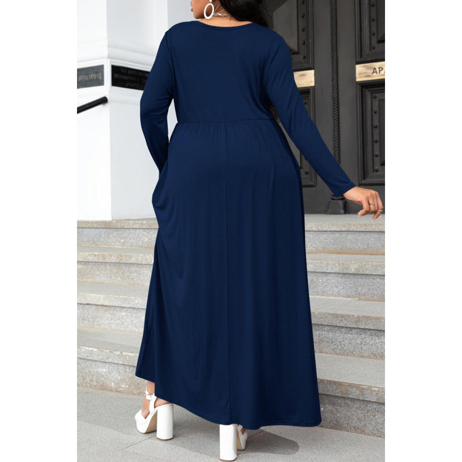 Plus Size Round Neck Long Sleeve Maxi Dress with Pockets