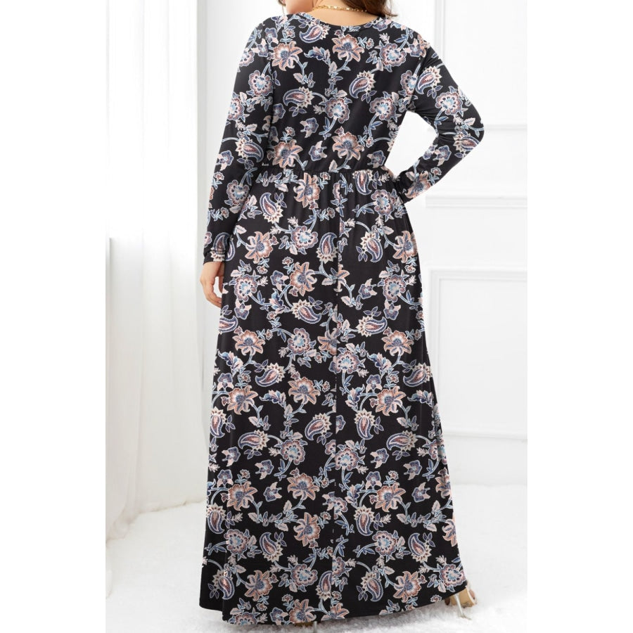 Plus Size Round Neck Long Sleeve Maxi Dress with Pockets Floral / 0X
