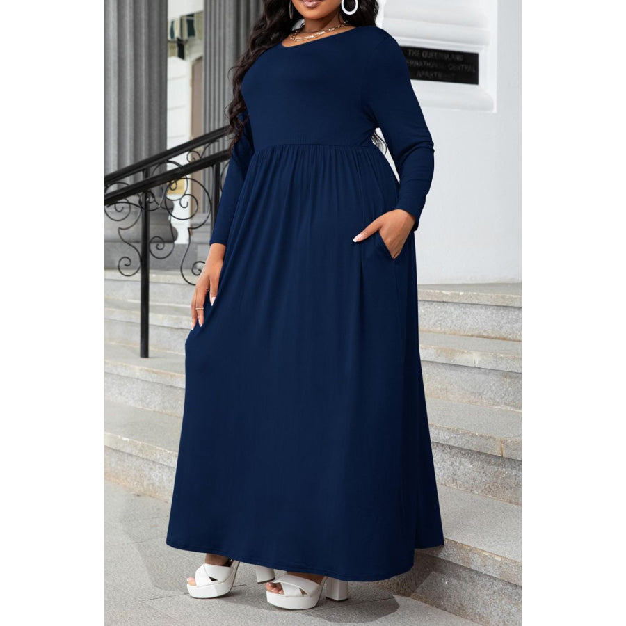Plus Size Round Neck Long Sleeve Maxi Dress with Pockets