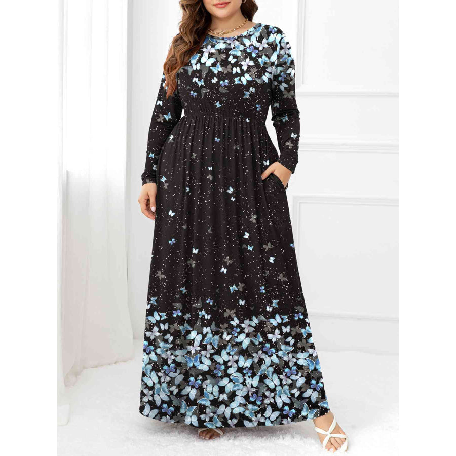 Plus Size Round Neck Maxi Dress with Pockets Pastel Blue / 0XL