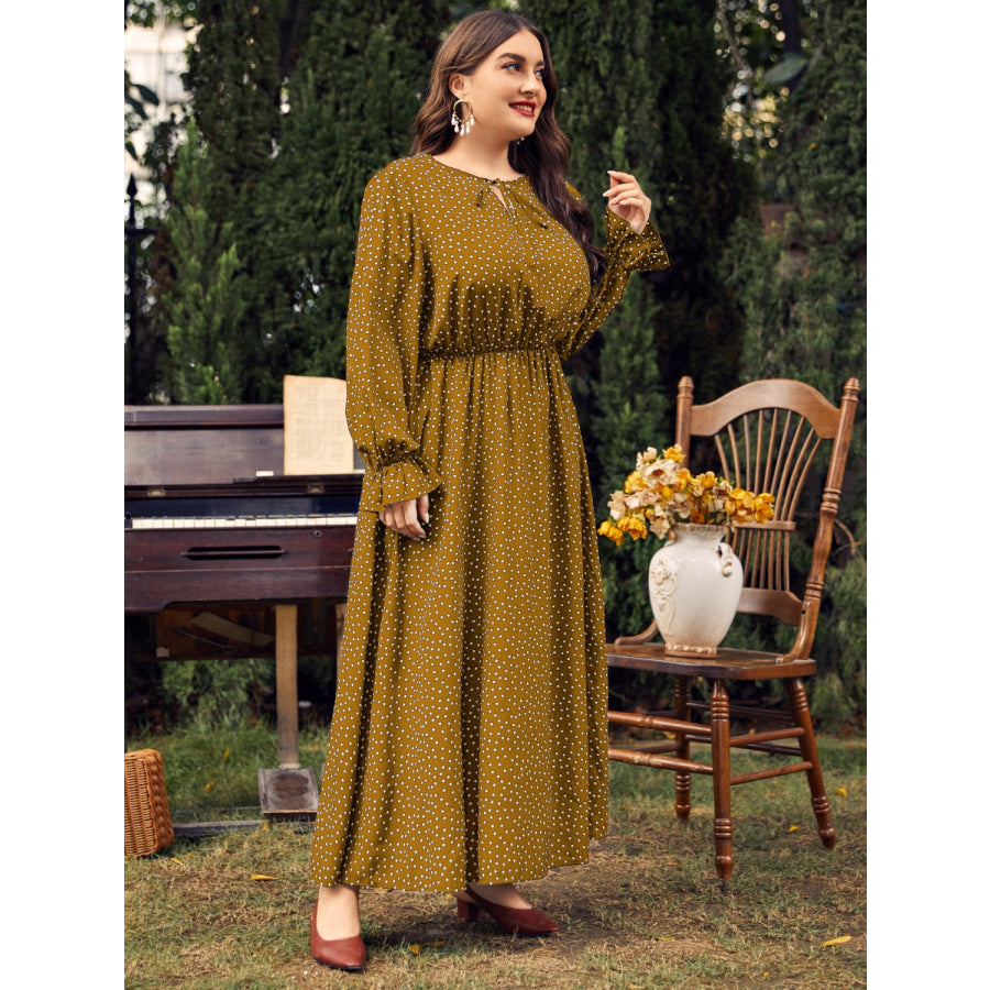 Plus Size Ruffled Polka Dot Long Sleeve Midi Dress Apparel and Accessories
