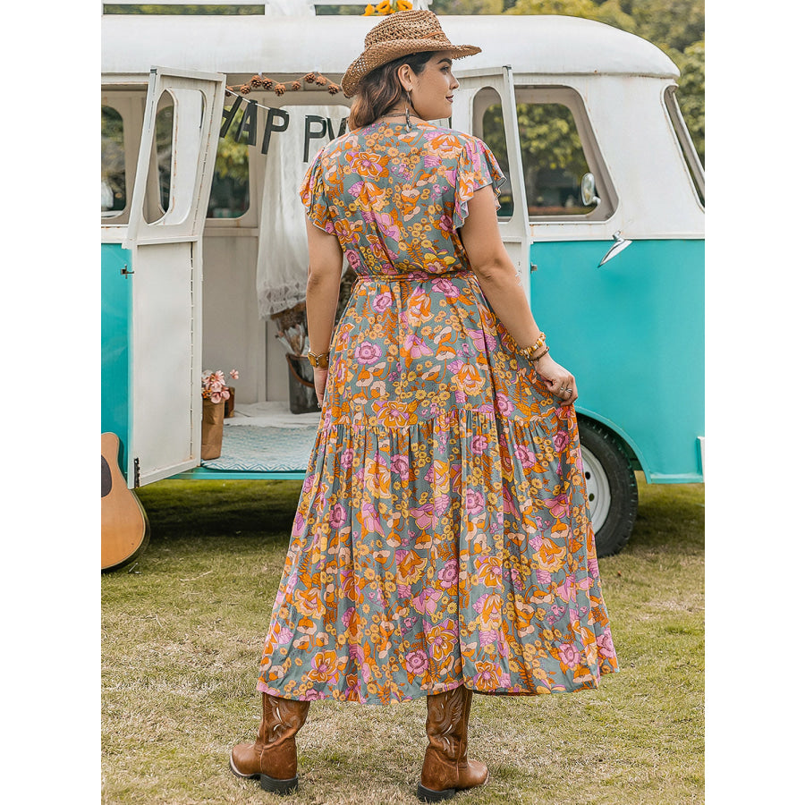 Plus Size Ruffled Printed Cap Sleeve Dress Apparel and Accessories