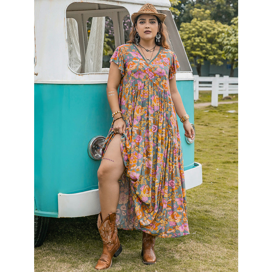 Plus Size Ruffled Printed Cap Sleeve Dress Apparel and Accessories