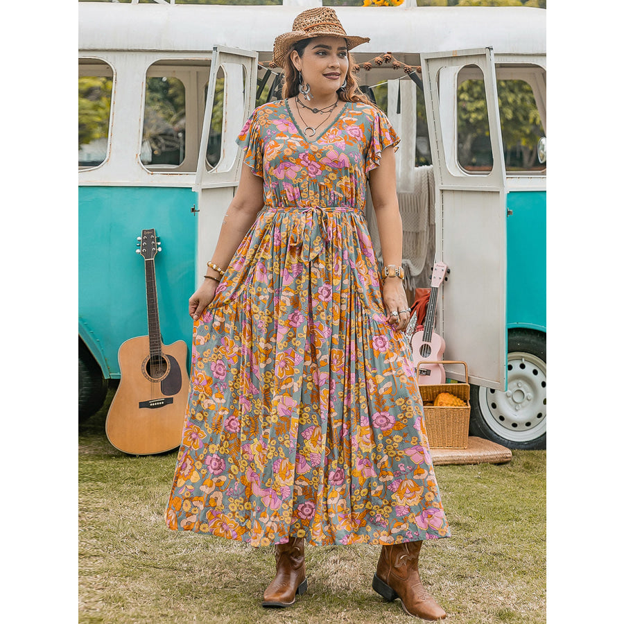 Plus Size Ruffled Printed Cap Sleeve Dress Apparel and Accessories