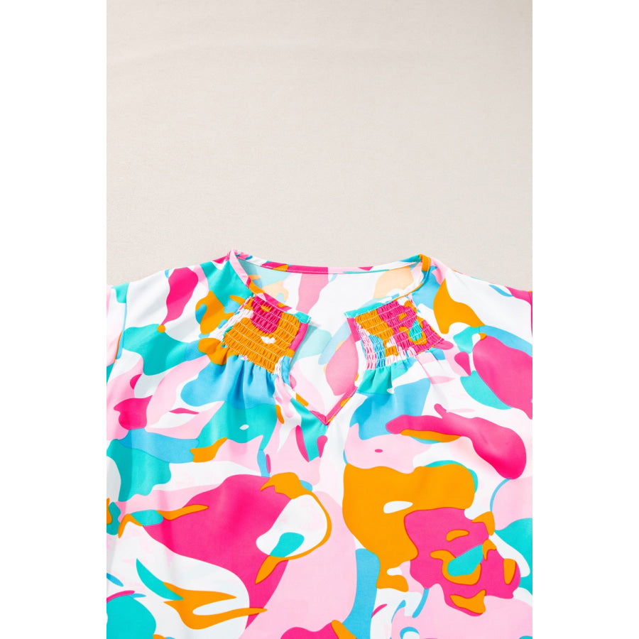 Plus Size Ruffled Printed Notched Cap Sleeve Blouse Apparel and Accessories