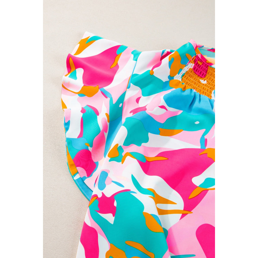 Plus Size Ruffled Printed Notched Cap Sleeve Blouse Apparel and Accessories