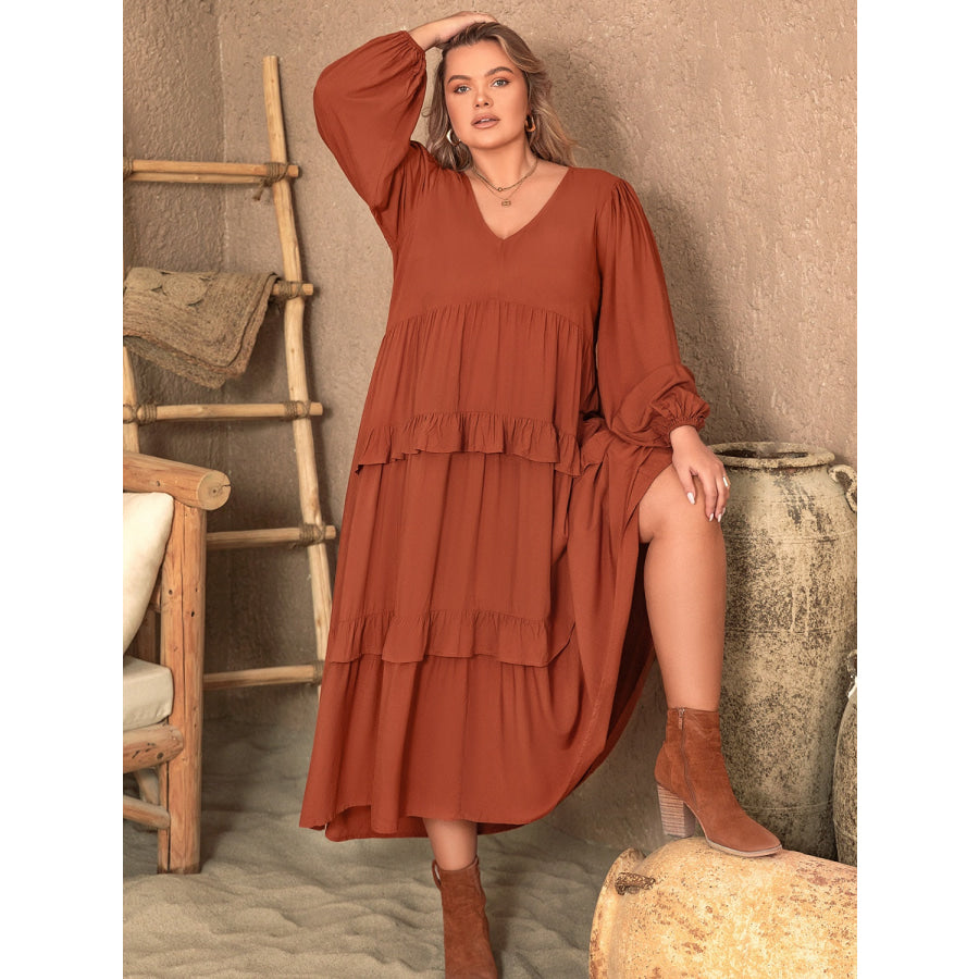 Plus Size Ruffled V-Neck Balloon Sleeve Dress Apparel and Accessories