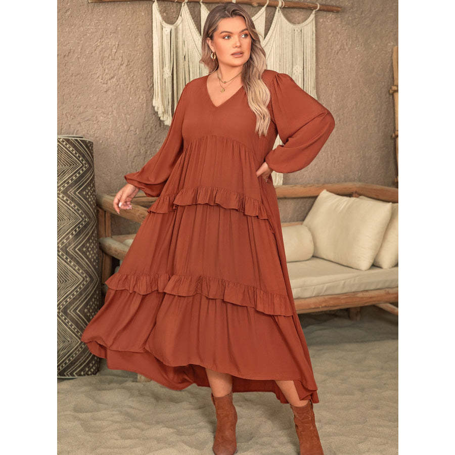 Plus Size Ruffled V-Neck Balloon Sleeve Dress Apparel and Accessories