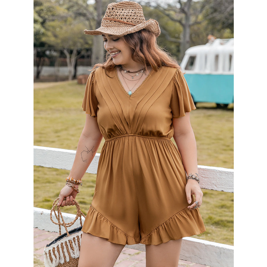 Plus Size Ruffled V-Neck Short Sleeve Romper Jumpsuits and Rompers