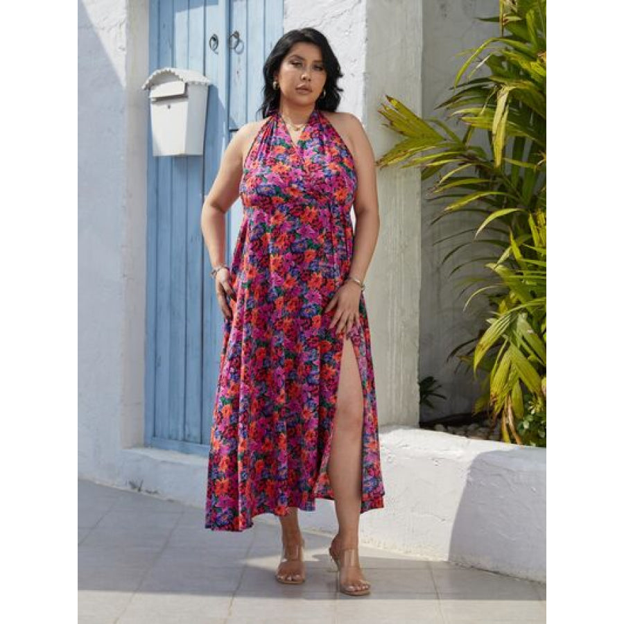 Plus Size Slit Floral Halter Neck Dress Apparel and Accessories