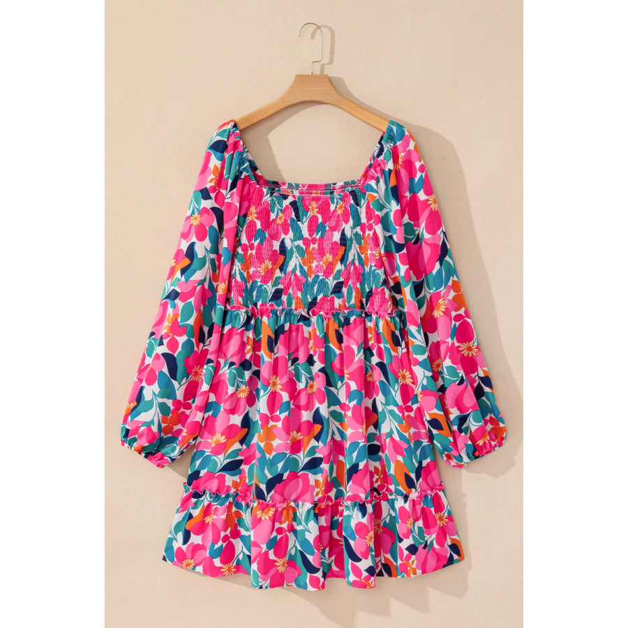 Plus Size Smocked Floral Square Neck Balloon Sleeve Dress Apparel and Accessories