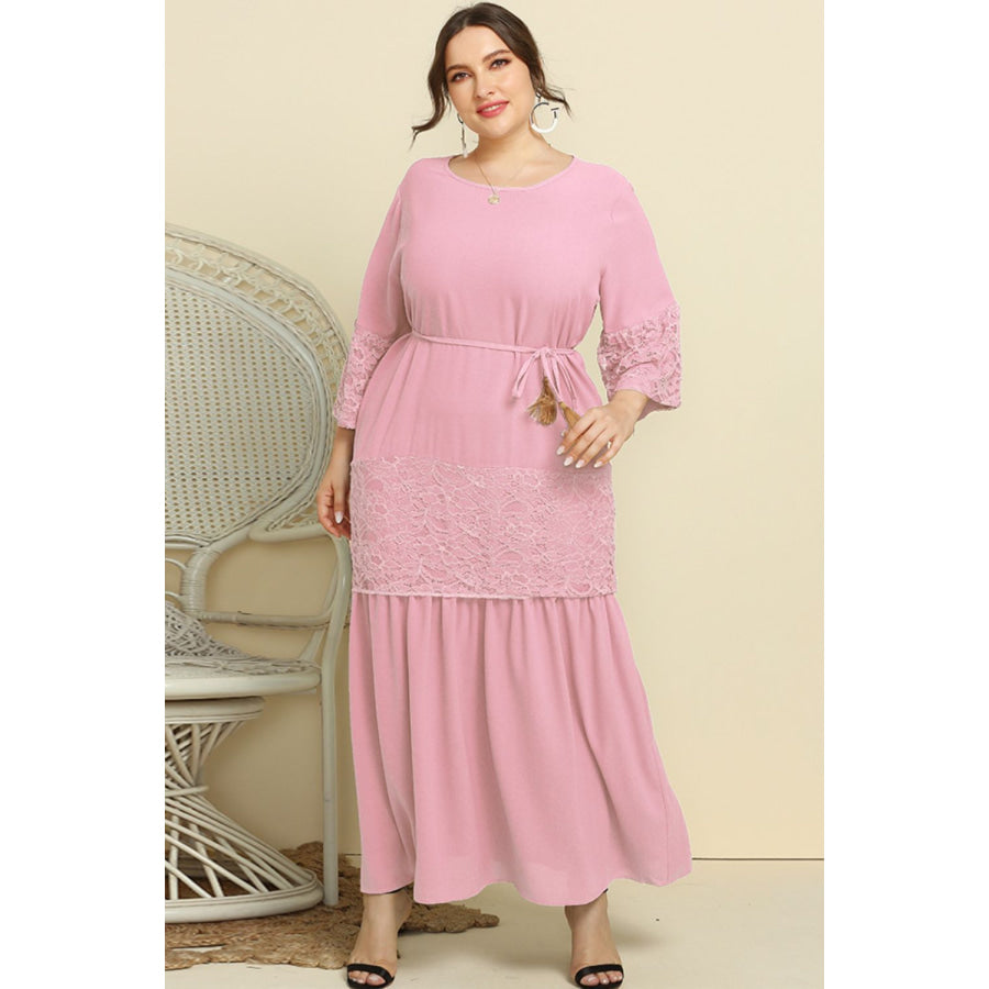 Plus Size Spliced Lace Tassel Belted Dress Blush Pink / XL