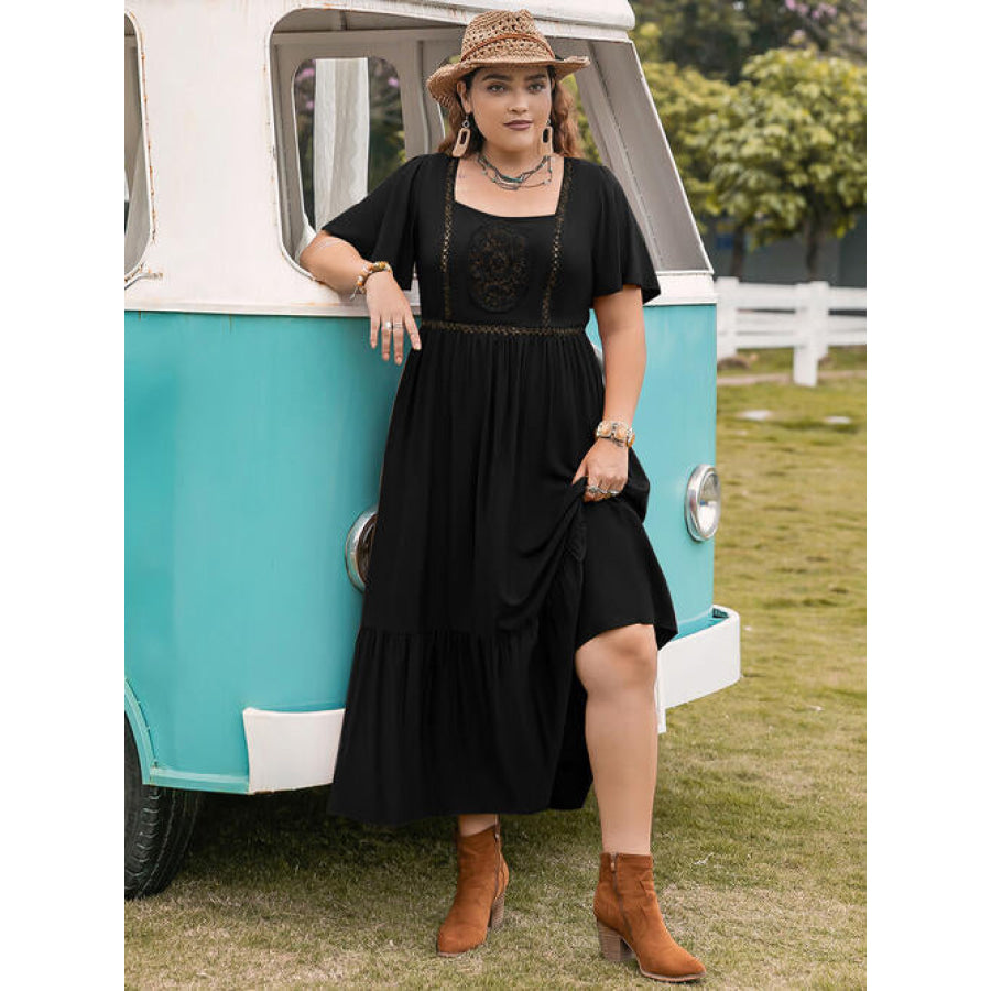 Plus Size Square Neck Short Sleeve Ruffle Hem Dress Black / 0XL Clothing