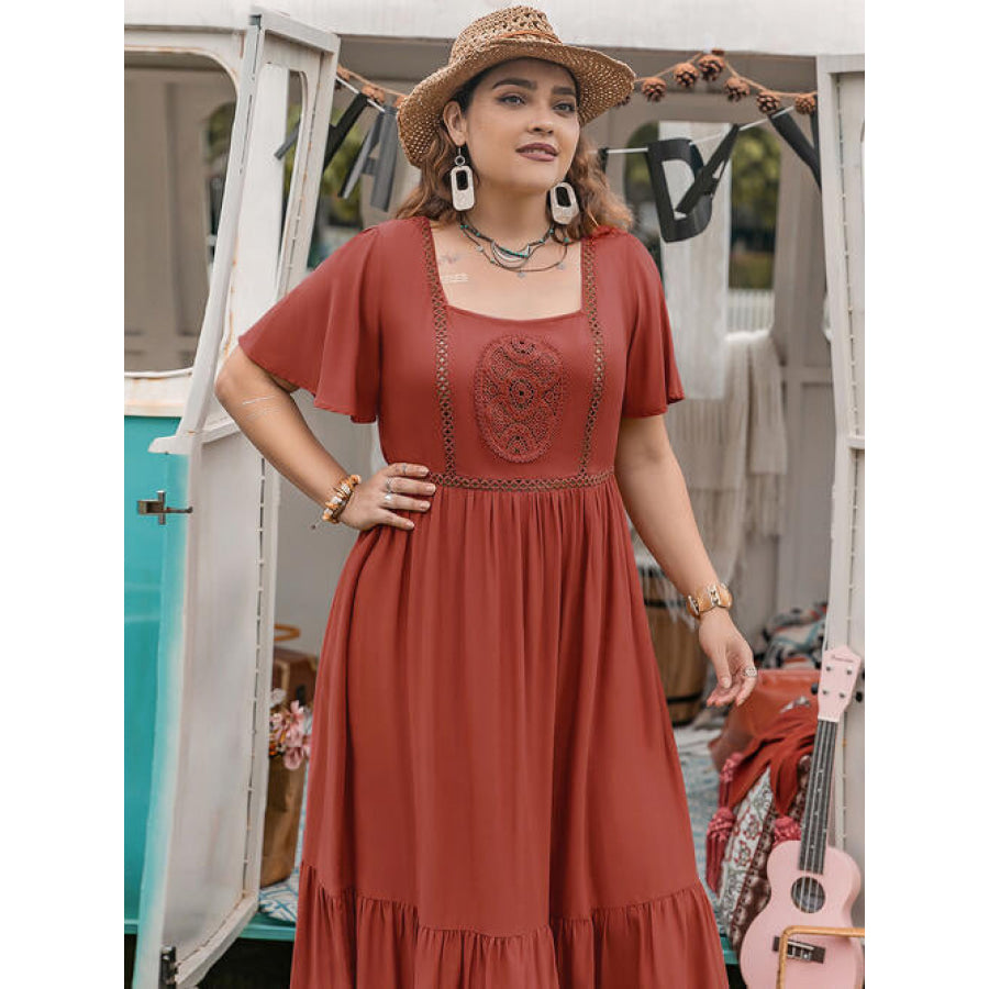 Plus Size Square Neck Short Sleeve Ruffle Hem Dress Clothing