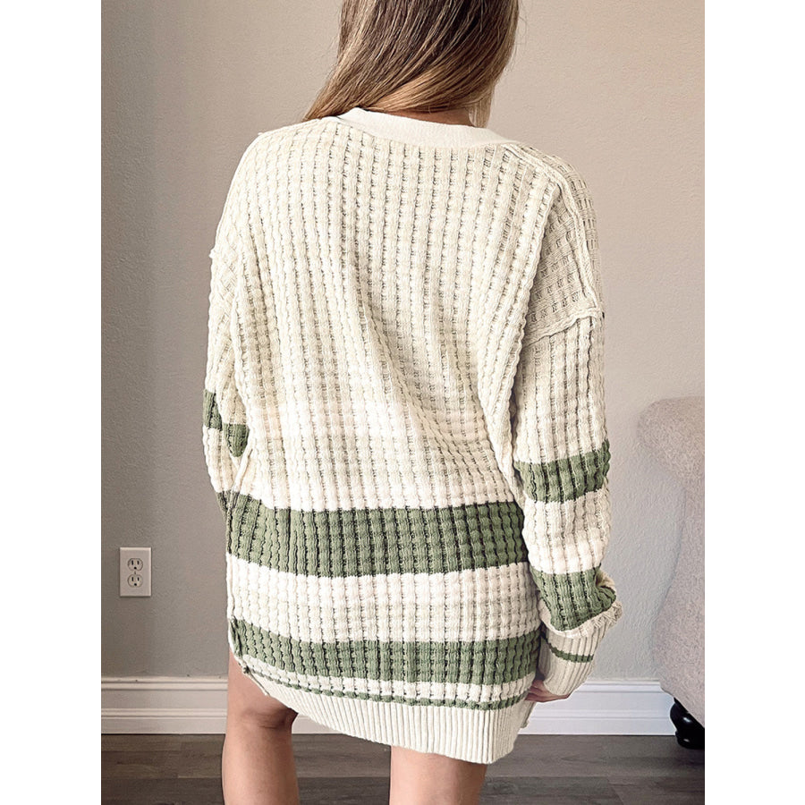 Plus Size Striped Button Up Dropped Shoulder Cardigan Cream / 1XL Apparel and Accessories