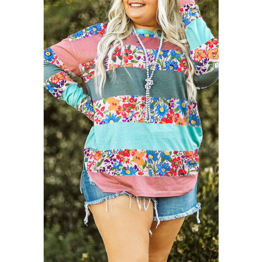 Plus Size Striped Slit Long Sleeve T-Shirt Multicolor / 1XL Clothing