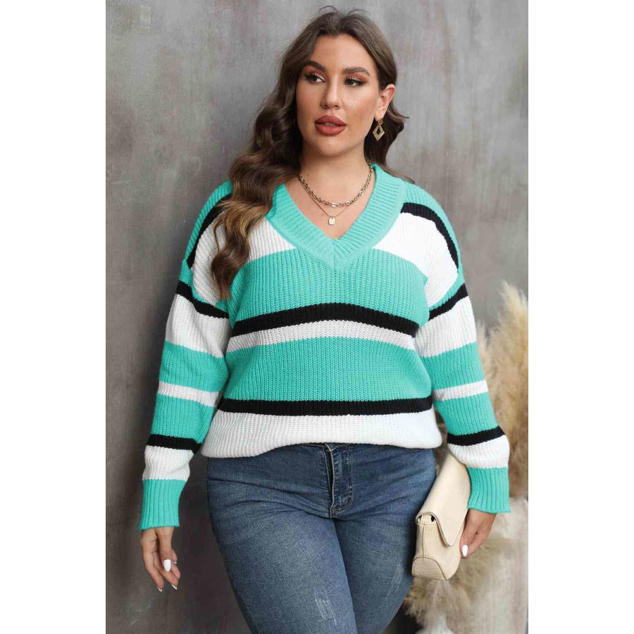 Plus Size Striped V-Neck Dropped Shoulder Sweater Tiffany Blue / L