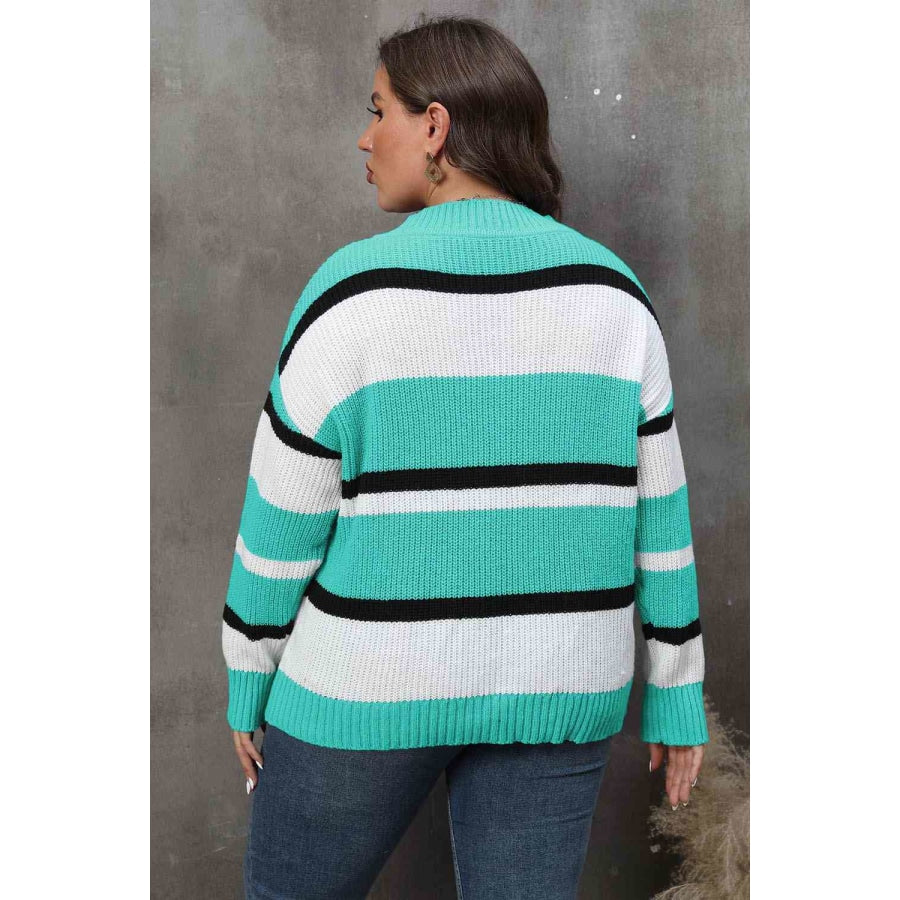 Plus Size Striped V-Neck Dropped Shoulder Sweater Tiffany Blue / L
